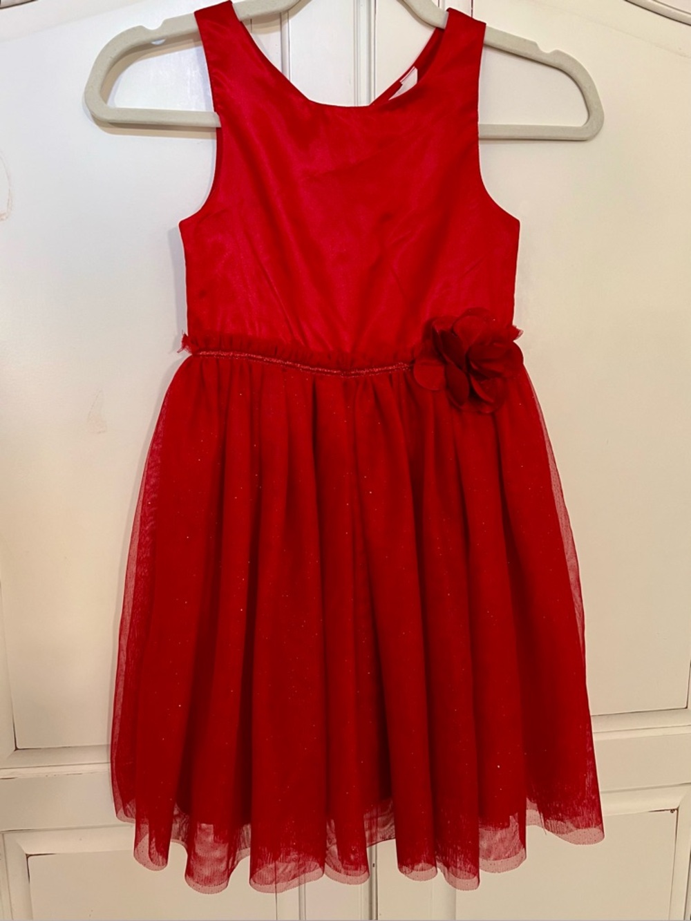 H&M Bright Red Satin and Sparkly Tulle Girls Party Dress - Size 7